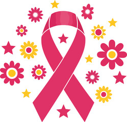 Bright pink ribbon illustration with blooming flowers and shining stars, symbolizing breast cancer awareness, support, and hope for health. An inspiring emblem for advocacy, promoting wellness