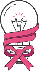 Creative concept of a glowing lightbulb with a pink ribbon bow, representing innovation, a new idea, or a special thought