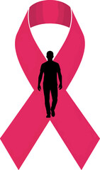 Silhouette of a person walking within a pink awareness ribbon, symbolizing the fight against breast cancer and support for those affected
