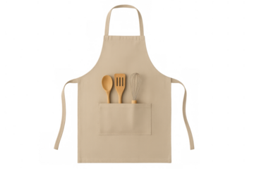 Beige apron with kitchen utensils, including wooden spoon, spatula, and whisk, ready for cooking and baking