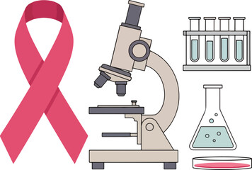 Medical research concept for breast cancer awareness, featuring a pink ribbon, microscope, and laboratory equipment for scientific discovery