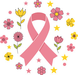 Pink Ribbon Surrounded by Flowers and Stars for Breast Cancer Awareness