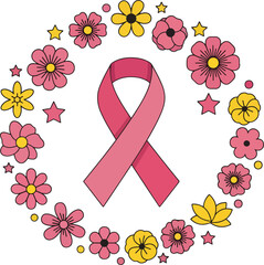 Inspiring pink ribbon surrounded by a beautiful floral wreath and stars, symbolizing breast cancer awareness, support, and hope for women's health initiatives