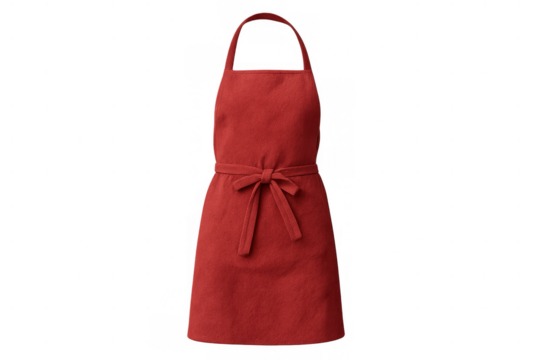 Red chef's apron for cooking and baking, featuring a tied waist and neck strap in uniform and workwear concept
