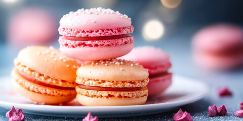 Close up of assorted colorful pink and peach macarons with sugar sprinkles on white plate and dark blurred background with bokeh lights for dessert or sweet food concept