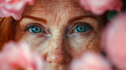 Confident Senior Woman with Striking Blue Eyes and Red Hair, Framed by Delicate Pink Roses in Garden - Delicate Portrait Inspiring Natural Beauty and Elegant Aging