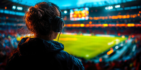 Sports commentator with headphones overlooking a brightly lit football stadium with blurred green field and digital screens