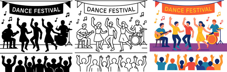 Dance Festival Celebration Vector Set – Line Art, Silhouette, and Color Versions