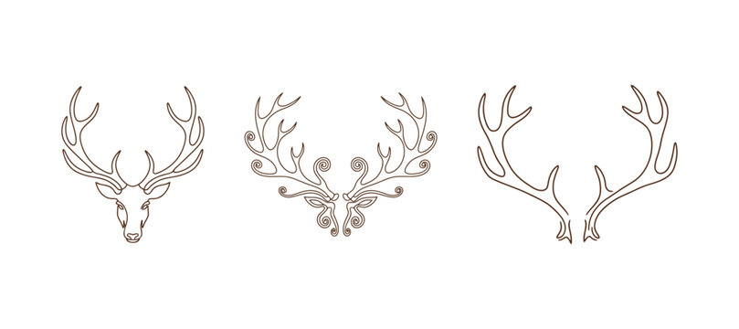 Set of three continuous line illustrations of stylized deer or elk antlers and heads, symbolizing nature, wilderness, and power.