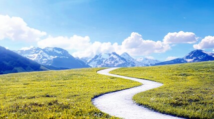 A picturesque landscape featuring a curving path leading through a sunlit, grassy meadow towards majestic, snow-covered mountains.