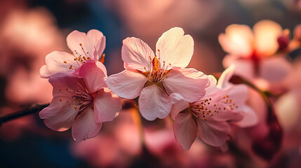 Close-Up of Delicate Pink Cherry Blossom Flowers on a Branch, Illuminated by Soft Golden Sunlight, Signifying Spring's Arrival