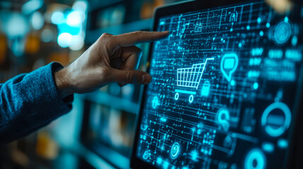 Businessman Analyzing Sales Growth on Virtual Screen with Shopping Cart Icon and Arrow Graph for Ecommerce Strategy and Future Corporate Planning