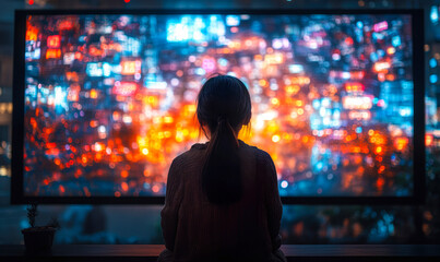 Child watching colorful blurred city lights on large screen at night indoors with silhouette back view and cozy atmosphere