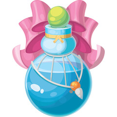 Sparkling Blue Potion Bottle with Pink Ribbon and Golden Charm on Transparent Background Detailed Illustration