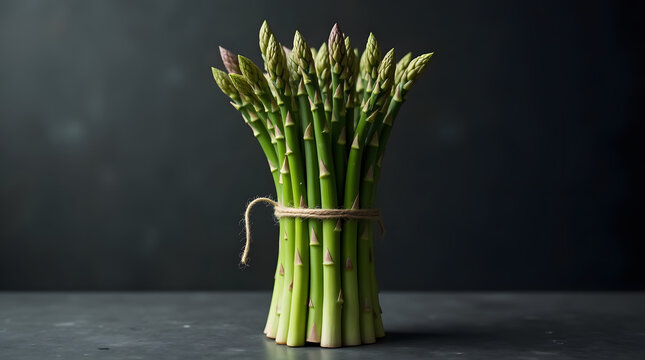 Minimalist, photorealistic shot of a bundle of fresh green asparagus tied with kitchen twine on a dark background.