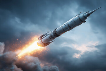 Powerful Multi-Stage Rocket Blasts Off Into A Cloudy Sky With A Trail Of Brilliant Orange Flame And Fiery Sparks Behind It