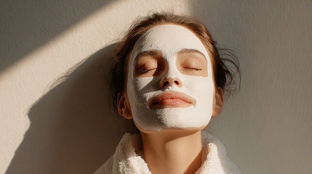 Young woman relaxing with white clay facial mask, closed eyes, peaceful expression, minimalist background, spa treatment concept, natural light, clean beauty editorial.