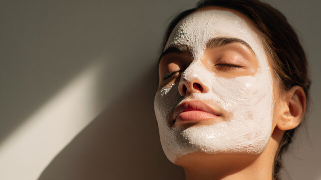 Young woman relaxing with white clay facial mask, closed eyes, peaceful expression, minimalist background, spa treatment concept, natural light, clean beauty editorial.