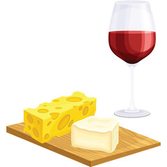 Still Life Of Swiss Cheese And Brie Cheese With A Glass Of Red Wine On A Wooden Board Transparent Background