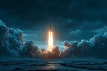 Space Shuttle Launching At Night With A Bright Flame Trail Over Water