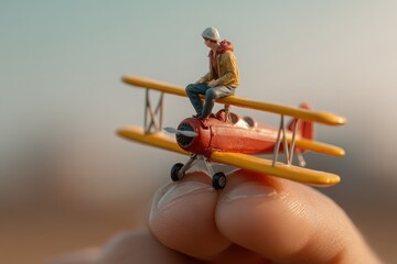 Childlike imagination soars with a toy plane being held on fingers, showcasing playful creativity in the air, with a focus on the intricate details of the miniature pilot and aircraft