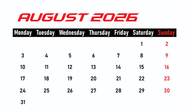 August calendar 2026 monthly planner