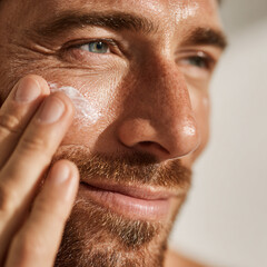 Close-up portrait of confident young man applying moisturizer to face, soft lighting, clean skin, minimalist white background, men’s grooming and skincare theme.
