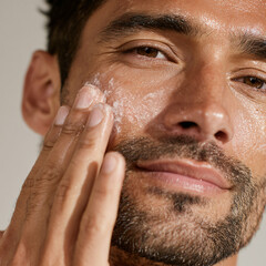 Close-up portrait of confident young man applying moisturizer to face, soft lighting, clean skin, minimalist white background, men’s grooming and skincare theme.