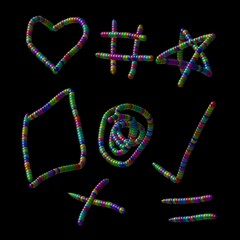 Vibrant multicolor symbols on black create a playful design with heart, hashtag, star, diamond, email, check mark, cross and equal signs
