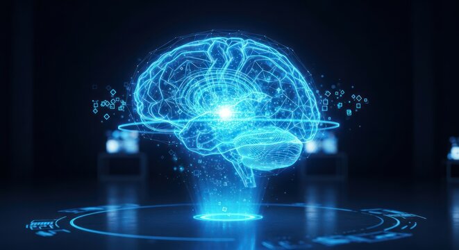 Futuristic glowing brain with digital data flow for cutting-edge technology and science projects, perfect for AI, neuroscience, and innovation concepts