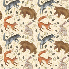 Naklejka premium Seamless watercolor pattern with woodland animals — bear, wolf, fox, and hare among pine cones and forest plants. Hand-painted design perfect for fabrics, wrapping paper, and home decor.