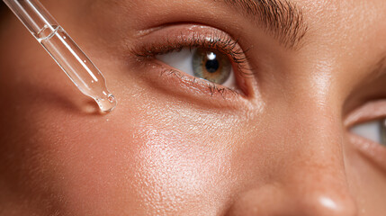 Close-up macro of transparent skincare serum dropper applying drops on smooth skin, natural glow, minimal background, clean beauty product advertising style.