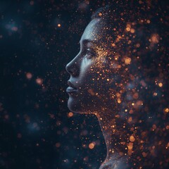 Fototapeta premium Dreamlike portrait of a figure dissolving into stars — visual metaphor of evolution and unity with the cosmos