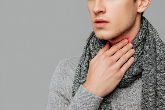 Young man experiencing soreness in throat while wearing a grey scarf, showcasing concerned expression in a neutral setting with grey background