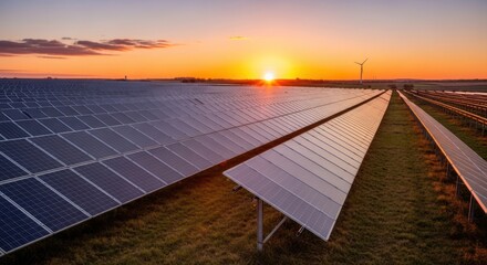 Sustainable energy solutions with solar panels at sunset, a vibrant and modern approach to clean power generation for a brighter future