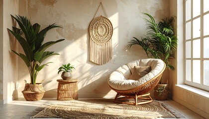 Bohemian interior with plants, rattan chair, and macrame wall hanging.