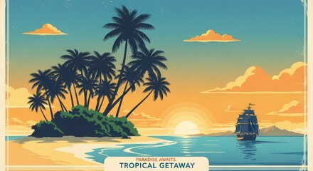 Escape to paradise with this tropical island sunset scene featuring silhouetted palm trees and a vintage sailing ship ready for your next getaway adventure