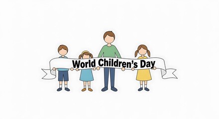 World Childrens Day Celebration with Diverse Group of Happy Kids and Adult Holding Banner.