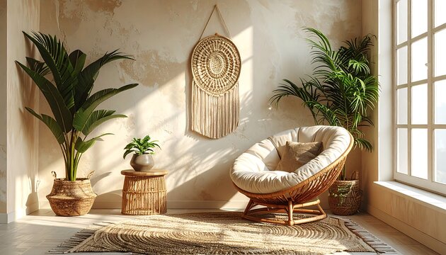 Bohemian interior with plants, rattan chair, and macrame wall hanging.