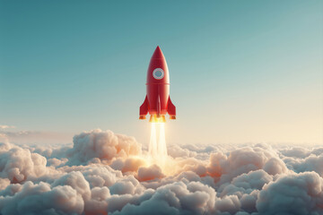 Minimalist Red Rocket Launching High into a Bright Blue Sky From Above a Sea of Fluffy White Clouds