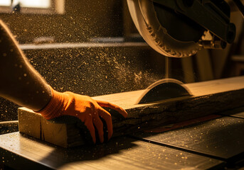 Carpenter Cutting Thick Wood Plank with Circular Saw, Sawdust Flying.