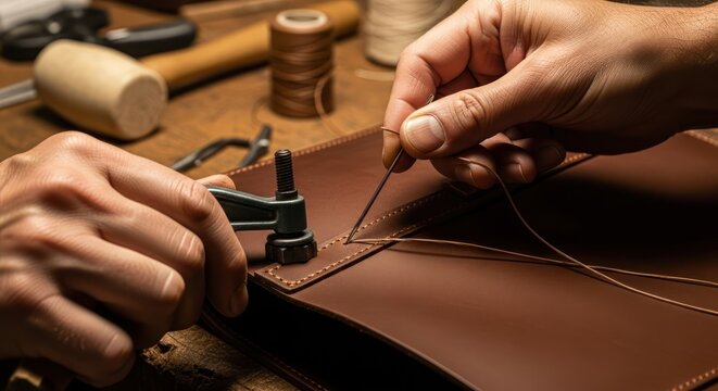Skilled artisan handcrafting a premium leather product with precision stitching at a rustic workbench for luxury goods, bespoke accessories, and artisanal style