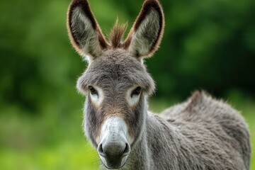 Fototapeta premium Grey donkey with big ears stands in vibrant green nature, showcasing its curious expression and playful demeanor