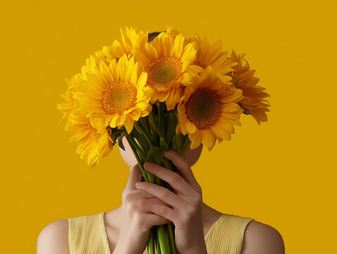 Person hides face with cheerful bouquet of sunflowers, vibrant yellow evokes positivity, anonymity and natural joy