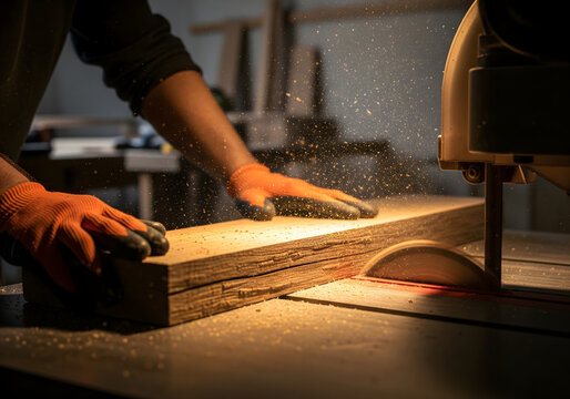 Craftsman in Plaid Shirt Saws Timber with Dramatic Backlight.