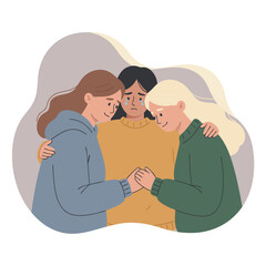 Three Women Embracing Each Other Offering Comfort and Support with Tears and Holding Hands on a Soft Background Illustrating Friendship and Empathy