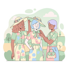 Three Women In Stylish Summer Dresses And Hats Posing Together In A Garden With Soft Pastel Colors And A Whimsical Illustration Style