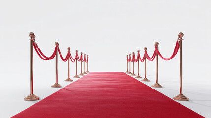 A red carpet with gold stanchions and red velvet ropes on a white background leading forward
