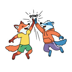 Two anthropomorphic animal friends a fox and a badger jumping giving each other a high five in a joyful gesture wearing casual clothes in a flat vector illustration style on a black background