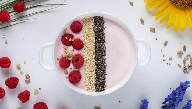 pink smoothie bowl, healthy breakfast, fresh berries, nuts and seeds, sunflower petals, natural and colorful, food photography, high contrast, minimalist background